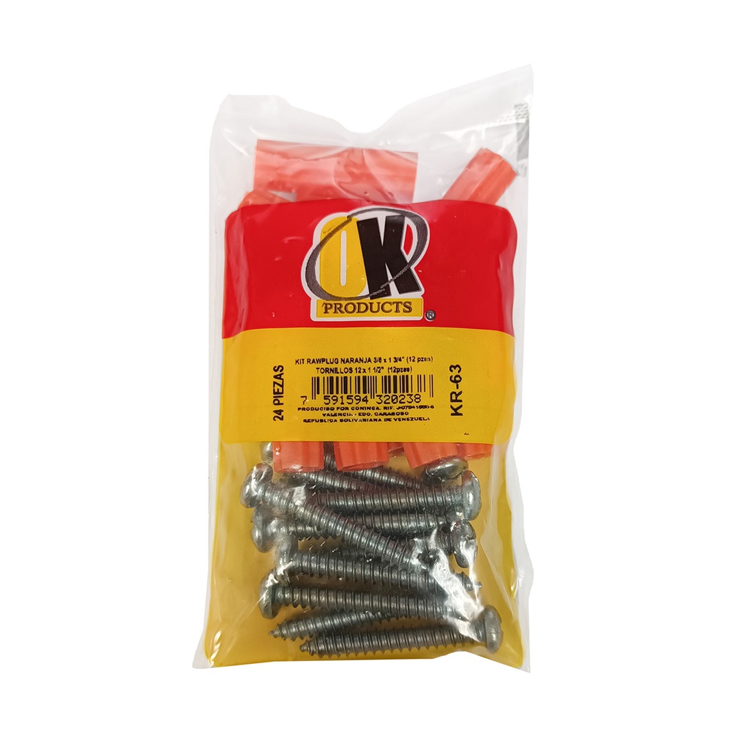 RAW PLUGS NARANJA LISO No. KR-63  C/TORNILLOS 3/8X1 3/4¨ CONINCA