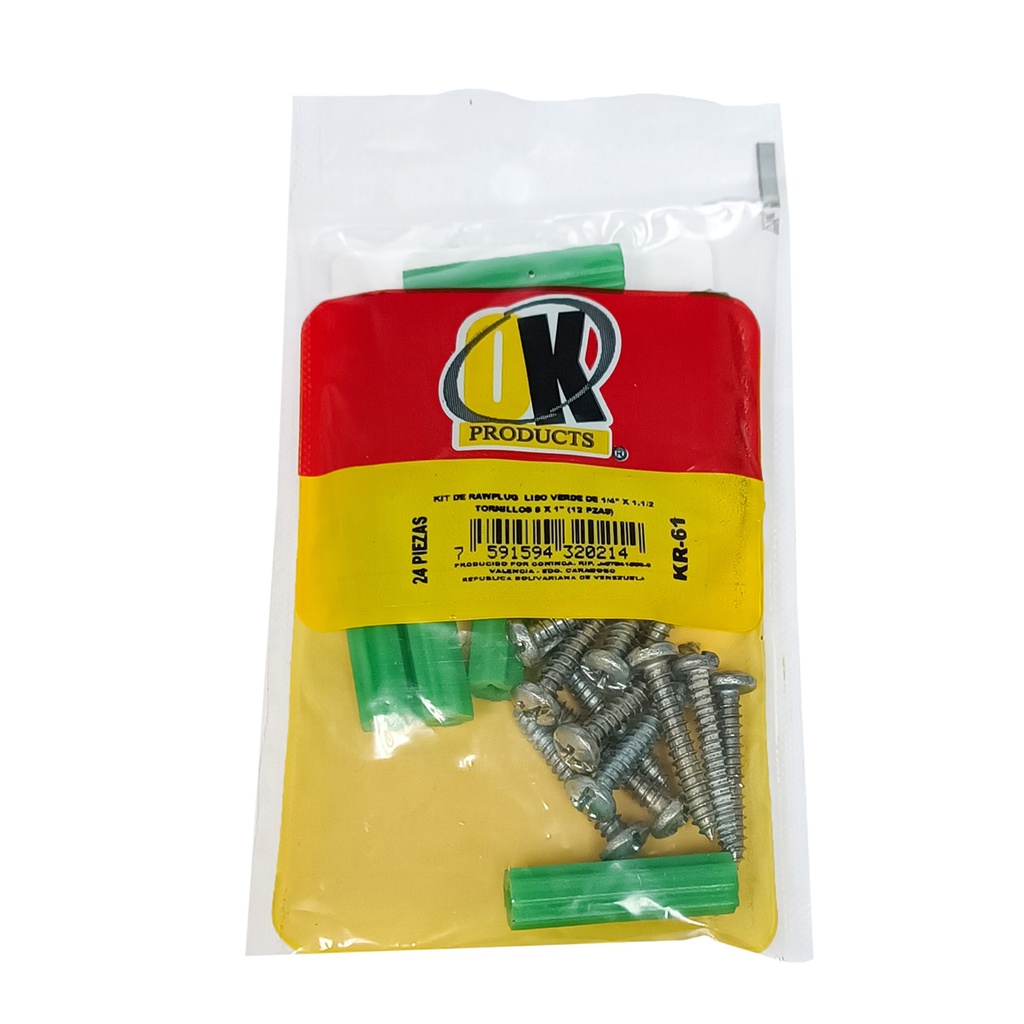 RAW PLUGS VERDE LISO No. KR-61 C/TORNILLOS 1/4 1x8 24PZAS CONINCA
